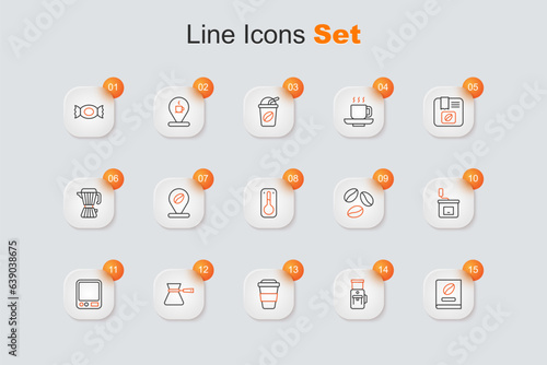 Set line Coffee book, Electric coffee grinder, cup to go, turk, Electronic scales, Manual, beans and thermometer icon. Vector