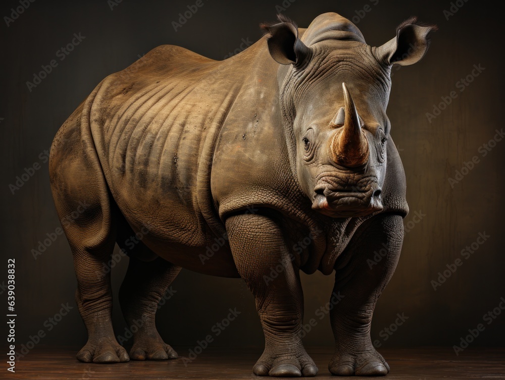 Fototapeta premium White rhinoceros standing on sand and looking at camera.