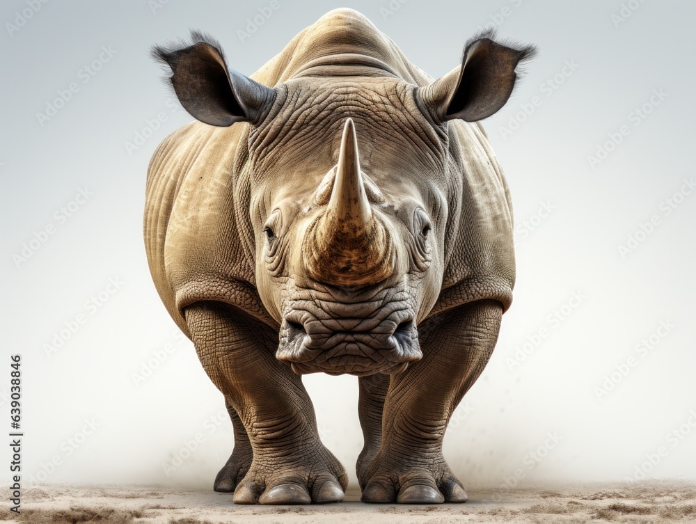 Fototapeta premium White rhinoceros standing on sand and looking at camera.