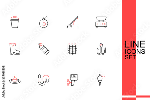 Set line Fishing float, Outboard boat motor, Worm, water, hook, net pattern, Aqualung and boots icon. Vector