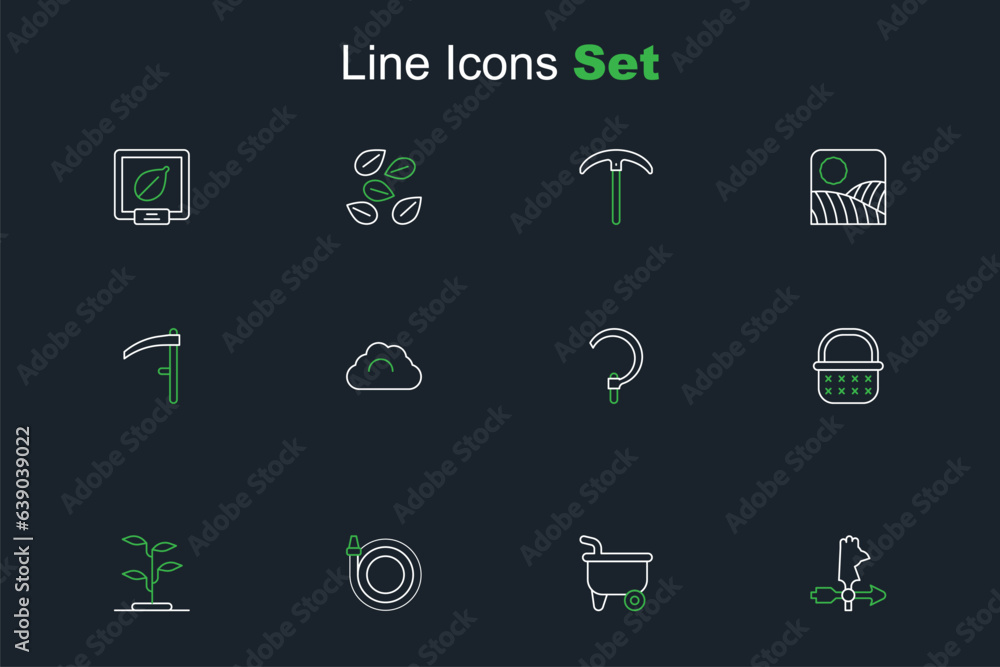 Set line Rooster weather vane, Wheelbarrow, Garden hose, Sprout, Wicker basket, Sickle, Cloudy and Scythe icon. Vector Set line Rooster weather vane, Wheelbarrow, Garden hose, Sprout, Wicker basket, Sickle, Cloudy and Scythe icon. Vector