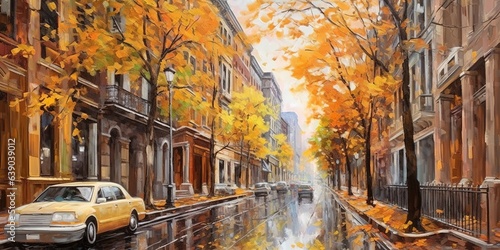 Urban street in autumn, cityscape painting, paronamic view © Coosh448