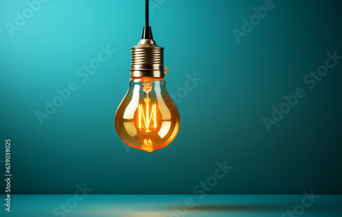 Light bulb on turquoise color background. AI generated