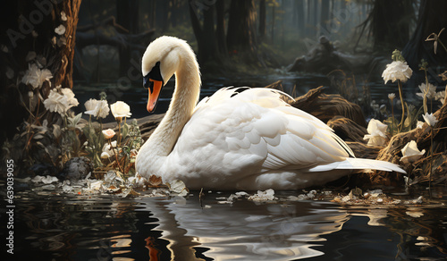 Fototapeta Naklejka Na Ścianę i Meble -  Graceful swan swimming in the lake. AI generated