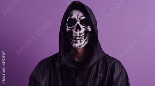 Man dressed in scary Halloween costume. Studio portrait of Mr Death with skeleton skull makeup on face wearing black cape with hood looking at camera while standing isolated on light purple background