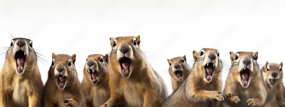 3D rendering of a group of squirrels shouting isolated on white background