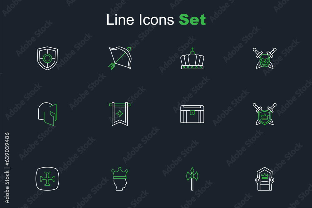 Set line Medieval throne, axe, King crown, Crusade, Shield with swords, Antique treasure chest, flag and helmet icon. Vector