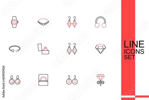 Set line Stud earrings, Earrings, Diamond engagement box, and Bracelet jewelry icon. Vector