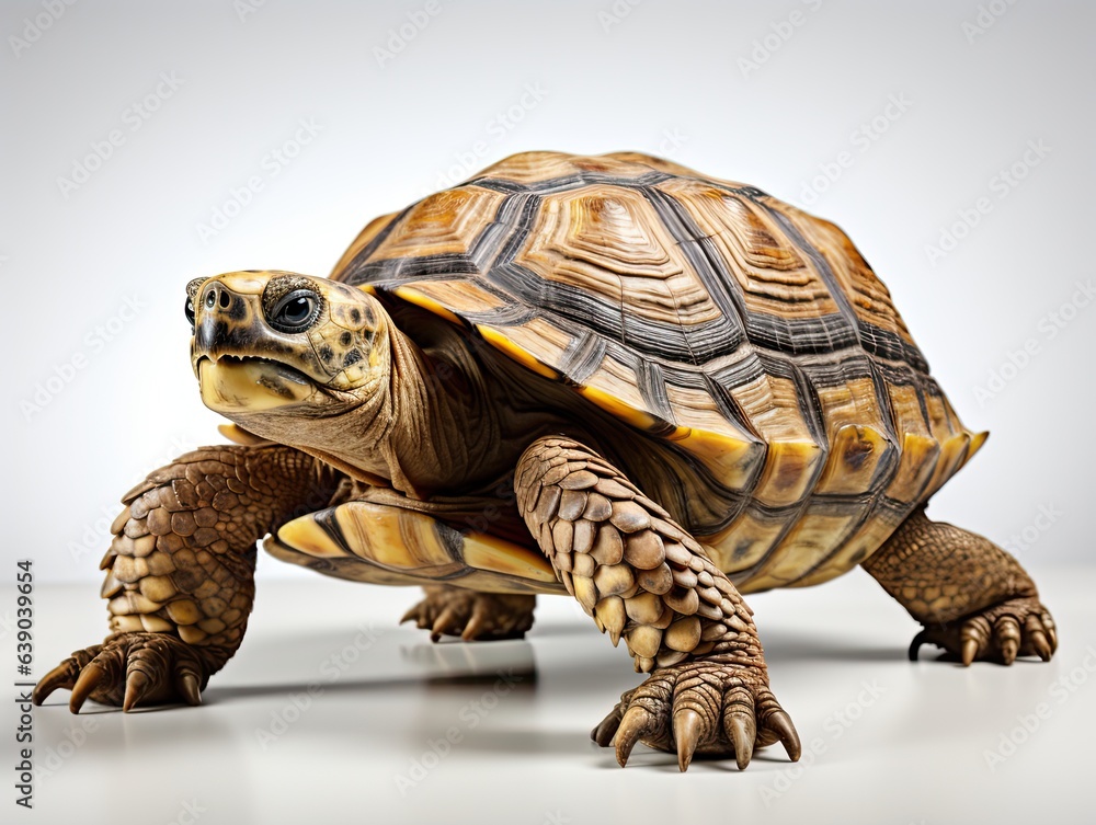 Obraz premium 3d rendering of a tortoise on a gray background with shadow. African spurred tortoise (Geochelone sulcata)
