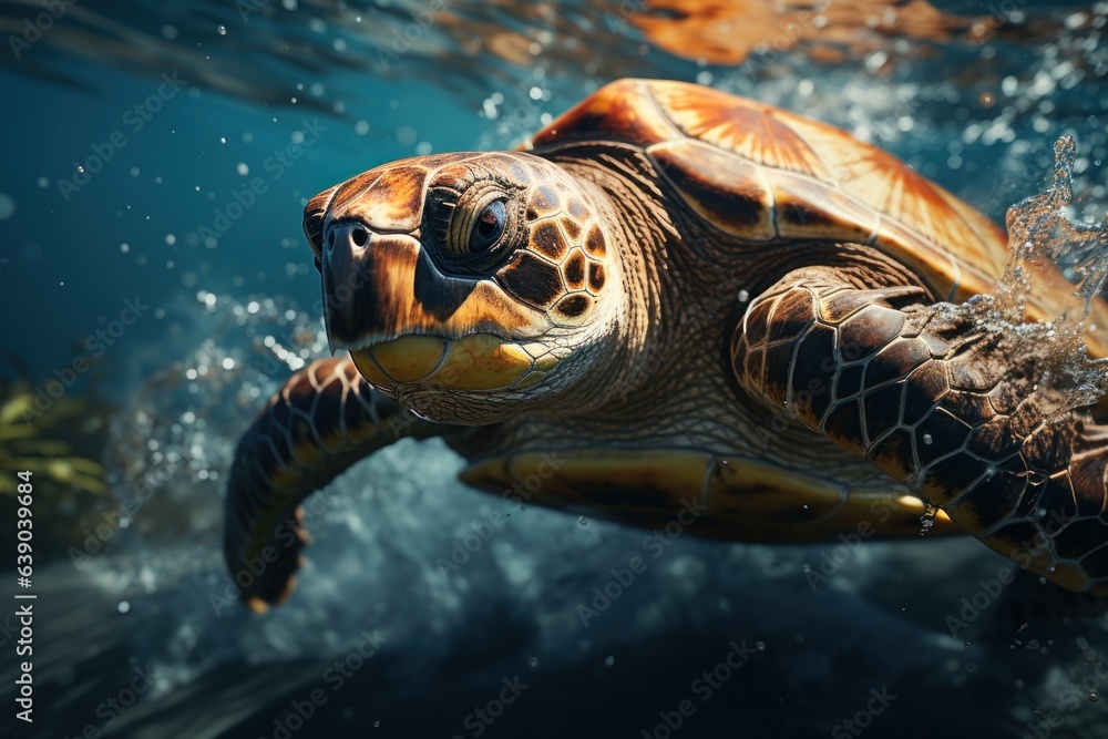 Obraz premium Green sea turtle swimming underwater in the ocean. Close up view.