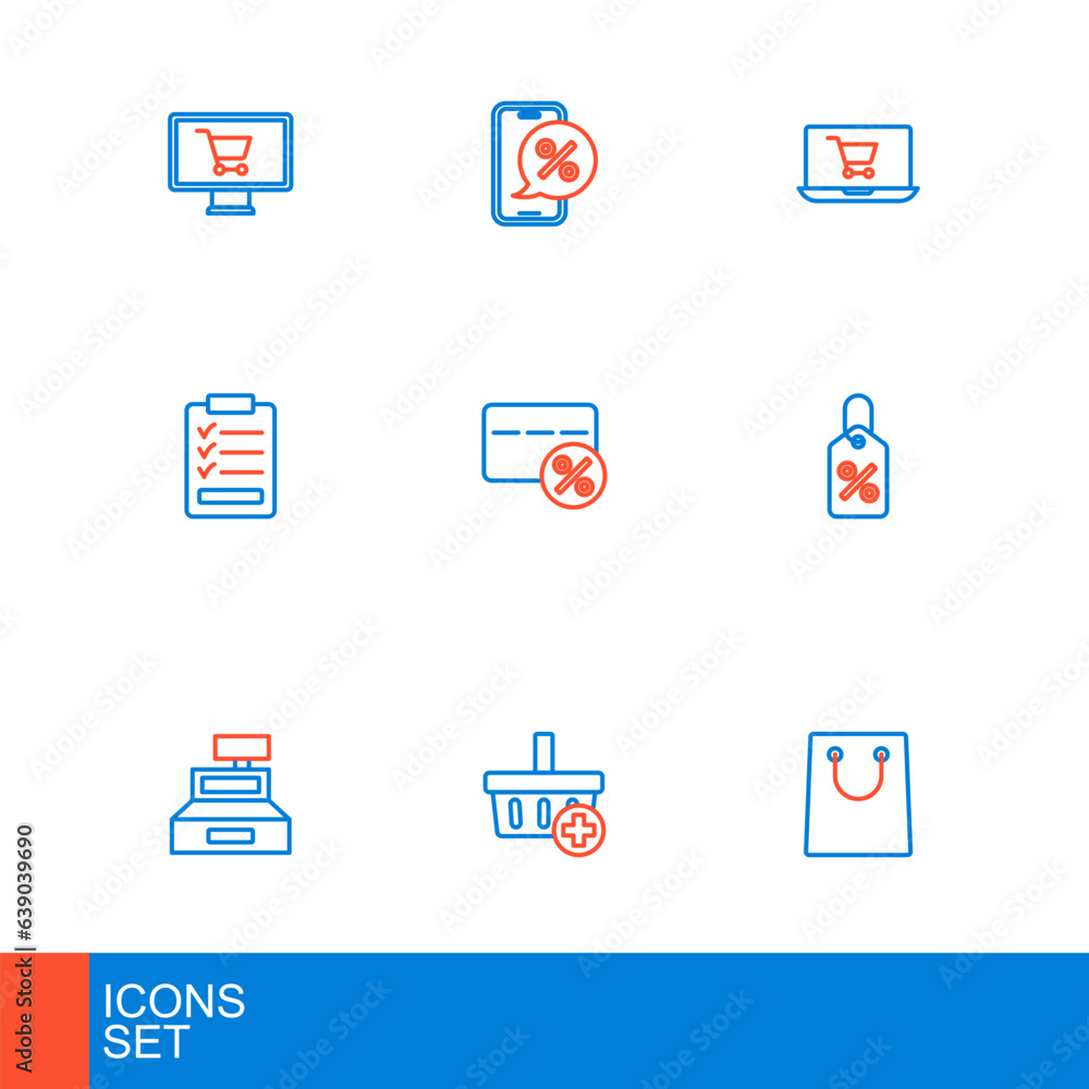 Set line Paper shopping bag, Add to Shopping basket, Cash register machine, Discount percent tag, Clipboard with checklist, card, cart on screen laptop and Percent discount phone icon. Vector Set line Paper shopping bag, Add to Shopping basket, Cash register machine, Discount percent tag, Clipboard with checklist, card, cart on screen laptop and Percent discount phone icon. Vector