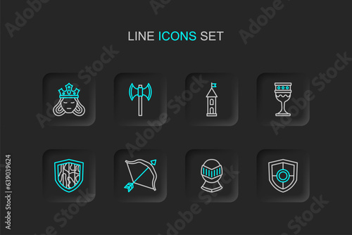 Set line Shield, Medieval helmet, bow and arrow, goblet, Castle tower, poleaxe and Princess or queen icon. Vector