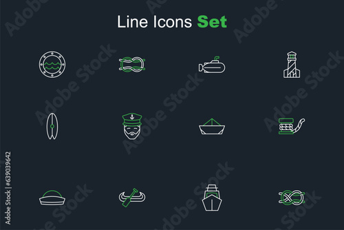 Set line Nautical rope knots, Yacht sailboat, Kayak and paddle, Sailor hat, Marine bollard with, Folded paper, Captain of ship and Surfboard icon. Vector