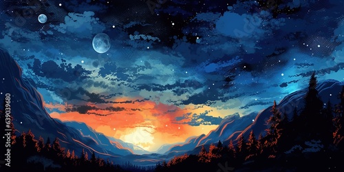View to night sky. hand drawn illustration
