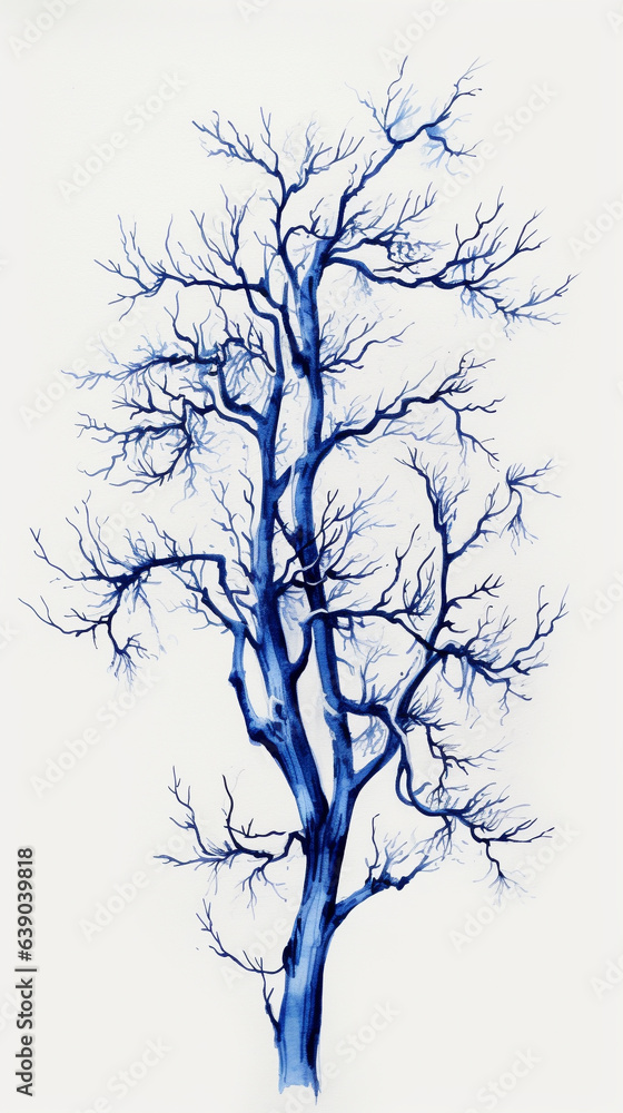 Blue ink style illustration of a leafless tall tree Blue ink style illustration of a leafless tall tree