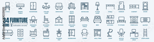 Furniture and home interior elements - thin line web icon set. Outline icons of kitchen, living room, bedroom and office collection. Simple vector illustration.