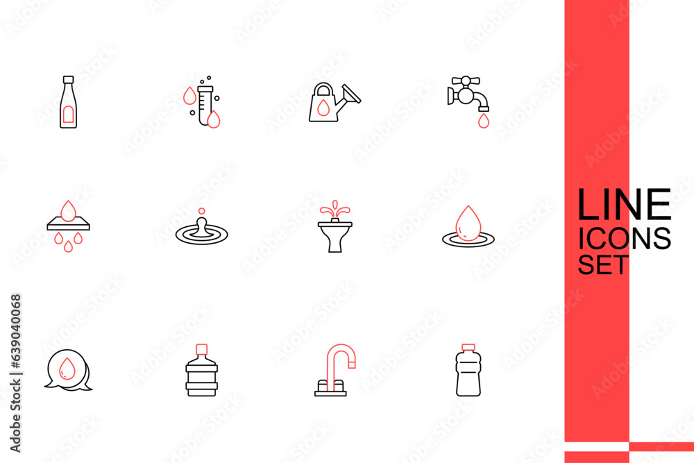 Set line Bottle of water, Water tap, Big bottle with clean, drop speech bubbles, Fountain, and filter cartridge icon. Vector Set line Bottle of water, Water tap, Big bottle with clean, drop speech bubbles, Fountain, and filter cartridge icon. Vector