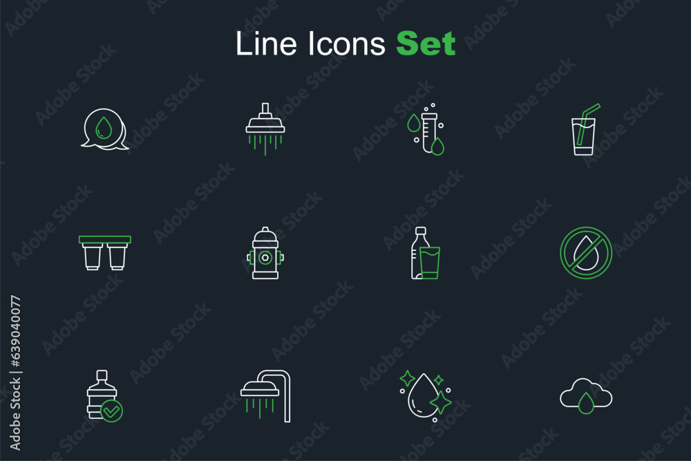 Set line Cloud with rain, Water drop, Shower, Big bottle clean water, forbidden, Bottle of glass, Fire hydrant and filter cartridge icon. Vector Set line Cloud with rain, Water drop, Shower, Big bottle clean water, forbidden, Bottle of glass, Fire hydrant and filter cartridge icon. Vector