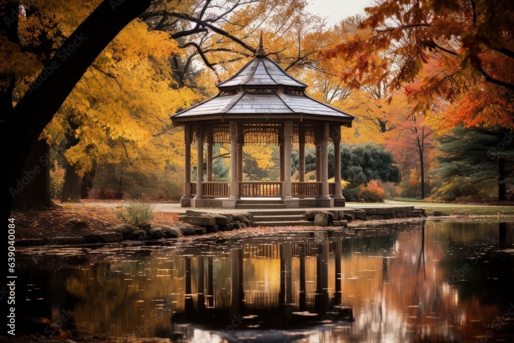 Fototapeta premium Calm waters mirror a charming gazebo, encircled by the fiery palette of autumn trees in a tranquil park setting.
