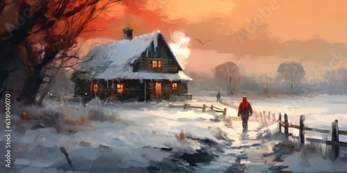 Winter landscape with snow storm and a man walking to the wooden house, illustration painting © Coosh448