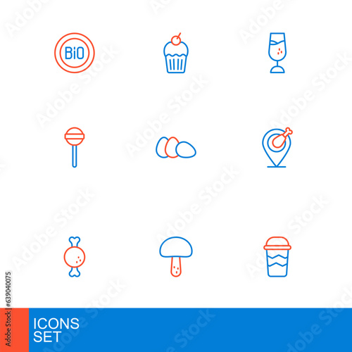 Set line Coffee cup to go, Mushroom, Chicken leg, Lollipop, egg, Wine glass and Muffin icon. Vector