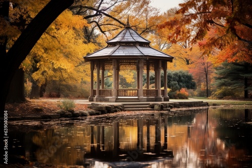  Calm waters mirror a charming gazebo  encircled by the fiery palette of autumn trees in a tranquil park setting.