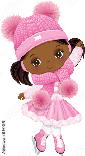 Vector Cute Little Black Girl Ice Skating