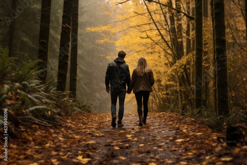 Young couple walk in autumn park, couple walks hand in hand through a forest blanketed with autumn leaves, the golden foliage providing a warm and romantic ambiance. © DigitalArt