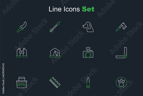 Set line Paw search, Bullet, Hunting cartridge belt, Ammunition box, Trap hunting, Photo camera, Tourist tent and Binoculars icon. Vector