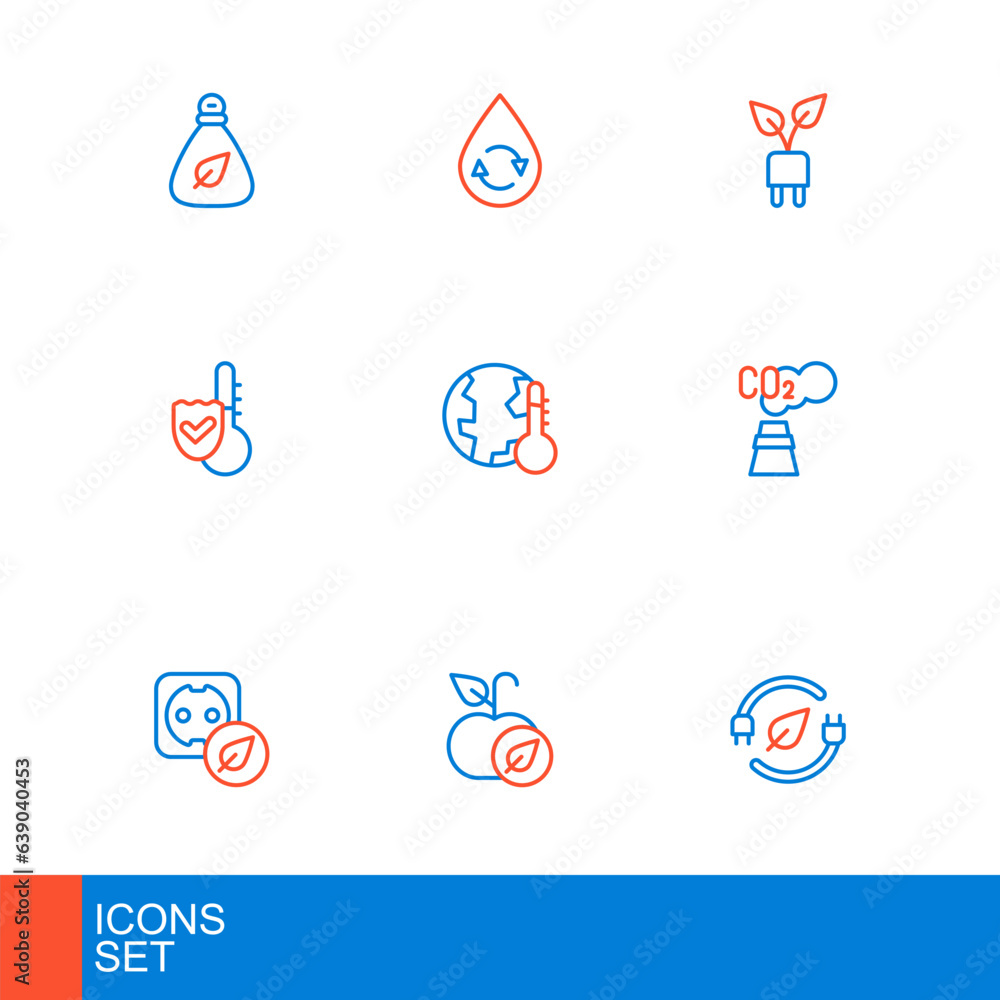 Set line Electric saving plug in leaf, Apple, Electrical outlet, CO2 emissions cloud, Thermometer, Earth melting to global warming, and Recycle clean aqua icon. Vector Set line Electric saving plug in leaf, Apple, Electrical outlet, CO2 emissions cloud, Thermometer, Earth melting to global warming, and Recycle clean aqua icon. Vector