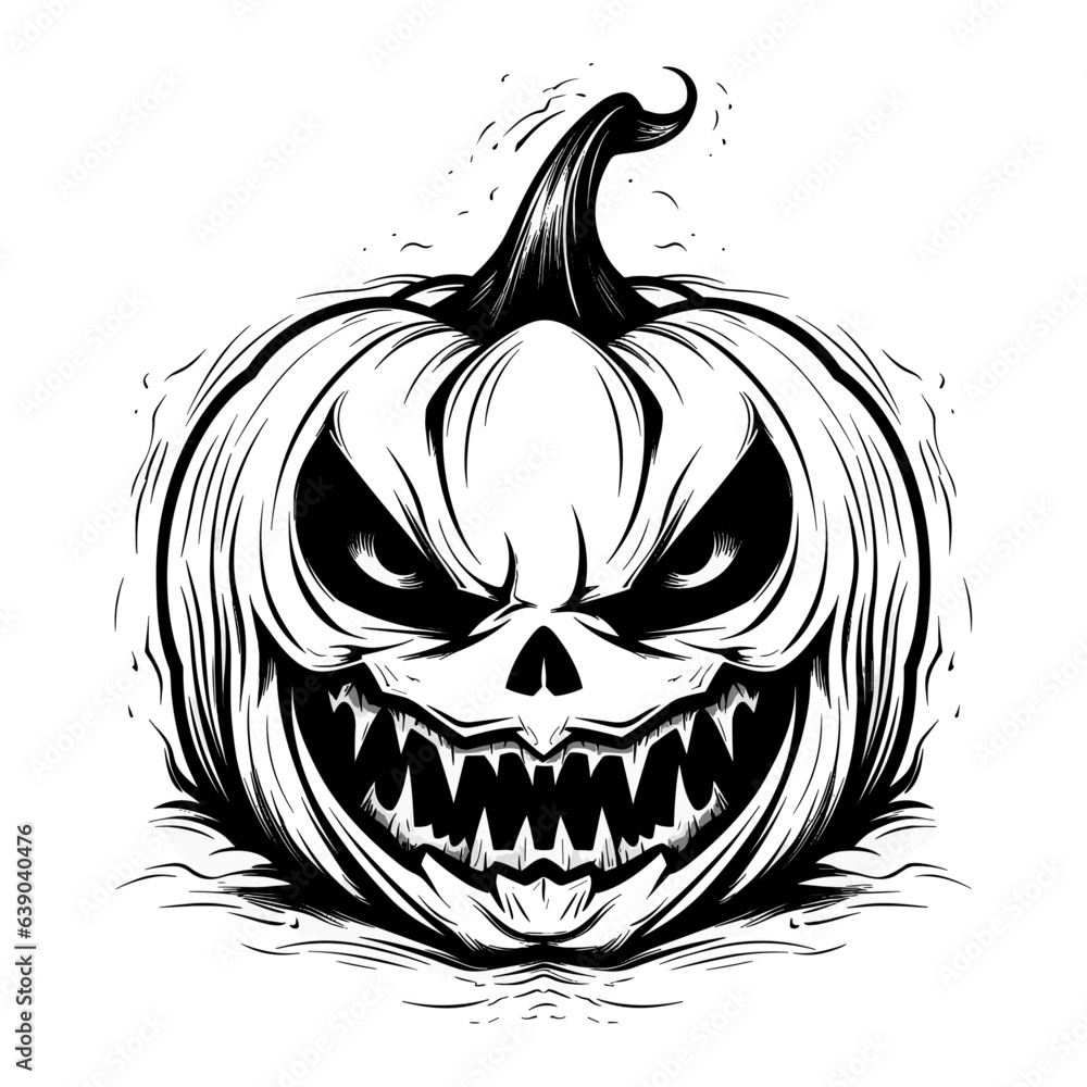 Scary spooky jack o lantern face hand drawn Halloween illustration ...