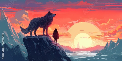 Woman and wolf standing on the top of the mountain looking at the sunset. , digital art style, illustration painting