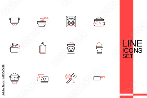 Set line Frying pan, Spatula, Kitchen meat grinder, Cooking pot on fire, Chicken egg stand, Scales, Cutting board and icon. Vector