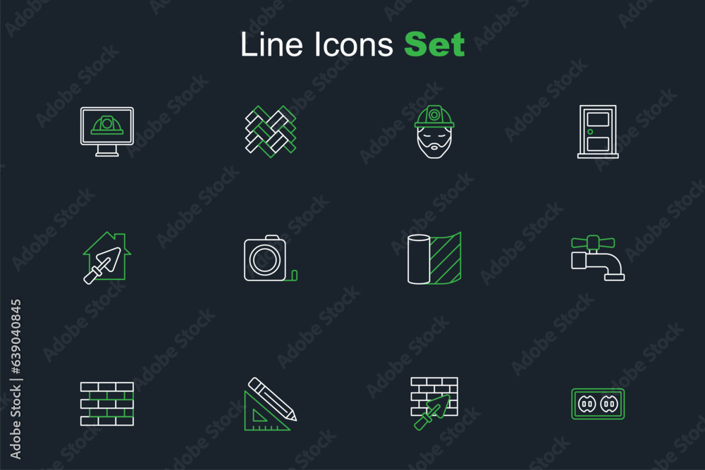 Set line Electrical outlet, Brick wall with trowel, Triangular ruler and pencil, Bricks, Water tap, Wallpaper, Roulette construction and House icon. Vector Set line Electrical outlet, Brick wall with trowel, Triangular ruler and pencil, Bricks, Water tap, Wallpaper, Roulette construction and House icon. Vector
