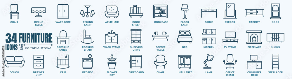 Furniture and home interior elements - thin line web icon set. Outline icons of kitchen, living room, bedroom and office collection. Simple vector illustration. Furniture and home interior elements - thin line web icon set. Outline icons of kitchen, living room, bedroom and office collection. Simple vector illustration.