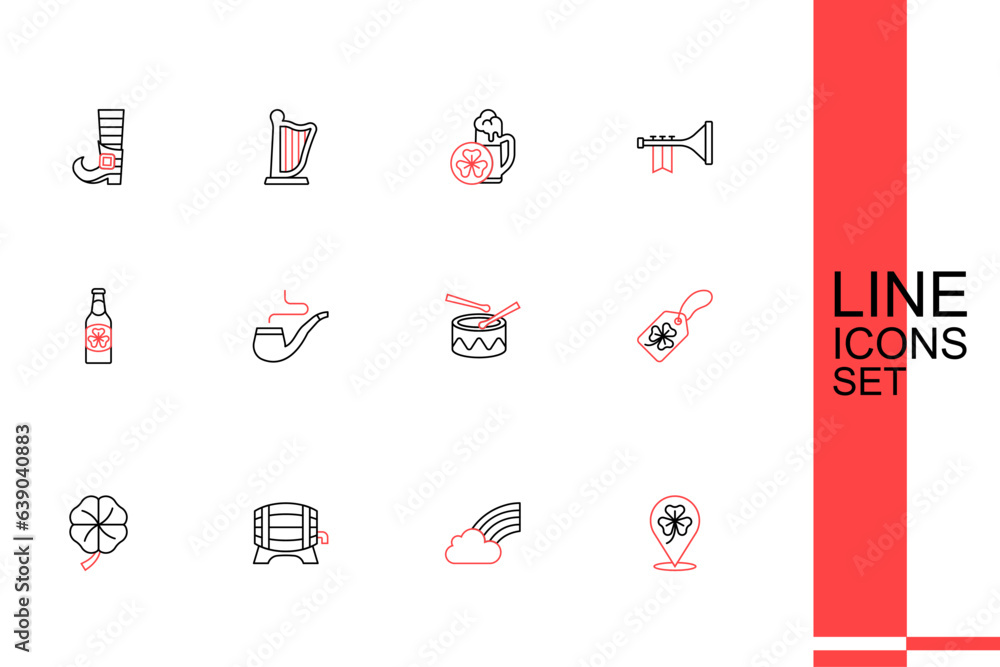 Set line Clover trefoil leaf, Rainbow with cloud, Wooden barrel on rack, Four clover, tag, Drum drum sticks, Smoking pipe and Beer bottle icon. Vector Set line Clover trefoil leaf, Rainbow with cloud, Wooden barrel on rack, Four clover, tag, Drum drum sticks, Smoking pipe and Beer bottle icon. Vector