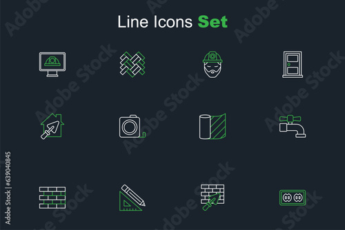 Set line Electrical outlet, Brick wall with trowel, Triangular ruler and pencil, Bricks, Water tap, Wallpaper, Roulette construction and House icon. Vector