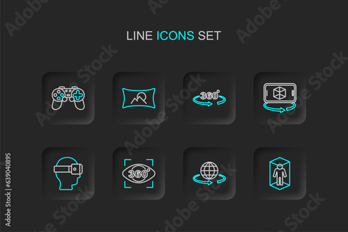 Set line 3d modeling, 360 degree view, Virtual reality glasses, Wide angle picture and Gamepad icon. Vector
