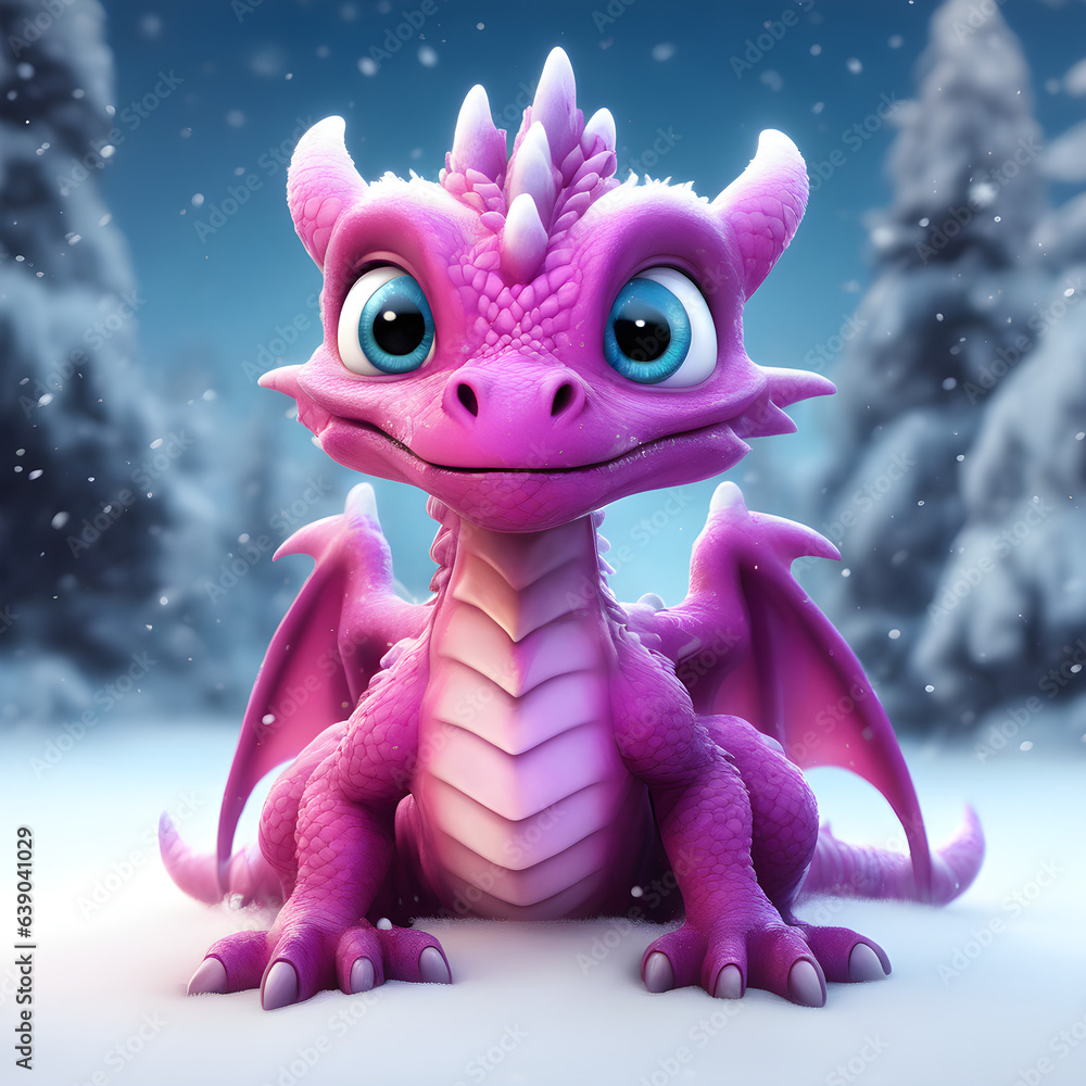 Image of a cute violet dragon on a snowy background