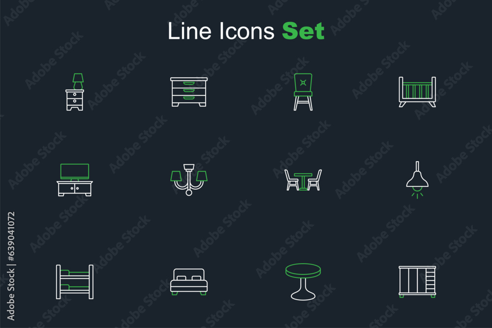 Set line Wardrobe, Round table, Big bed, Bunk, Lamp hanging, Table with chair, Chandelier and TV stand icon. Vector Set line Wardrobe, Round table, Big bed, Bunk, Lamp hanging, Table with chair, Chandelier and TV stand icon. Vector