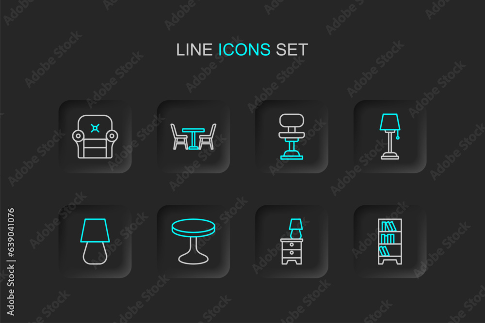Set line Lamp hanging, Furniture nightstand with lamp, Round table, Table, Floor, Office chair, and Armchair icon. Vector Set line Lamp hanging, Furniture nightstand with lamp, Round table, Table, Floor, Office chair, and Armchair icon. Vector