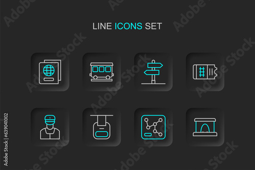 Set line Railway tunnel, map, Cable car, Train conductor, ticket, Road traffic sign, Passenger train cars and Passport icon. Vector