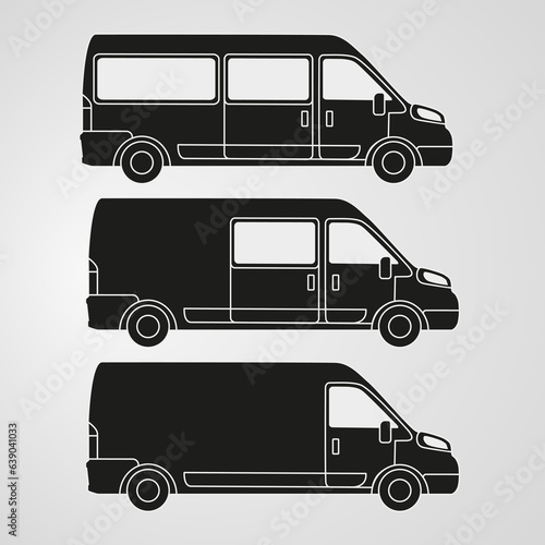 Minibus icons. Flat monochrome silhouette illustration. Side view. 3 minibuses with different numbers of doors, for freight and passenger transportation. Vector illustration on a light background.