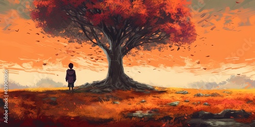 Young boy looking at the giant autumn tree at the horizon, digital art style, illustration painting
