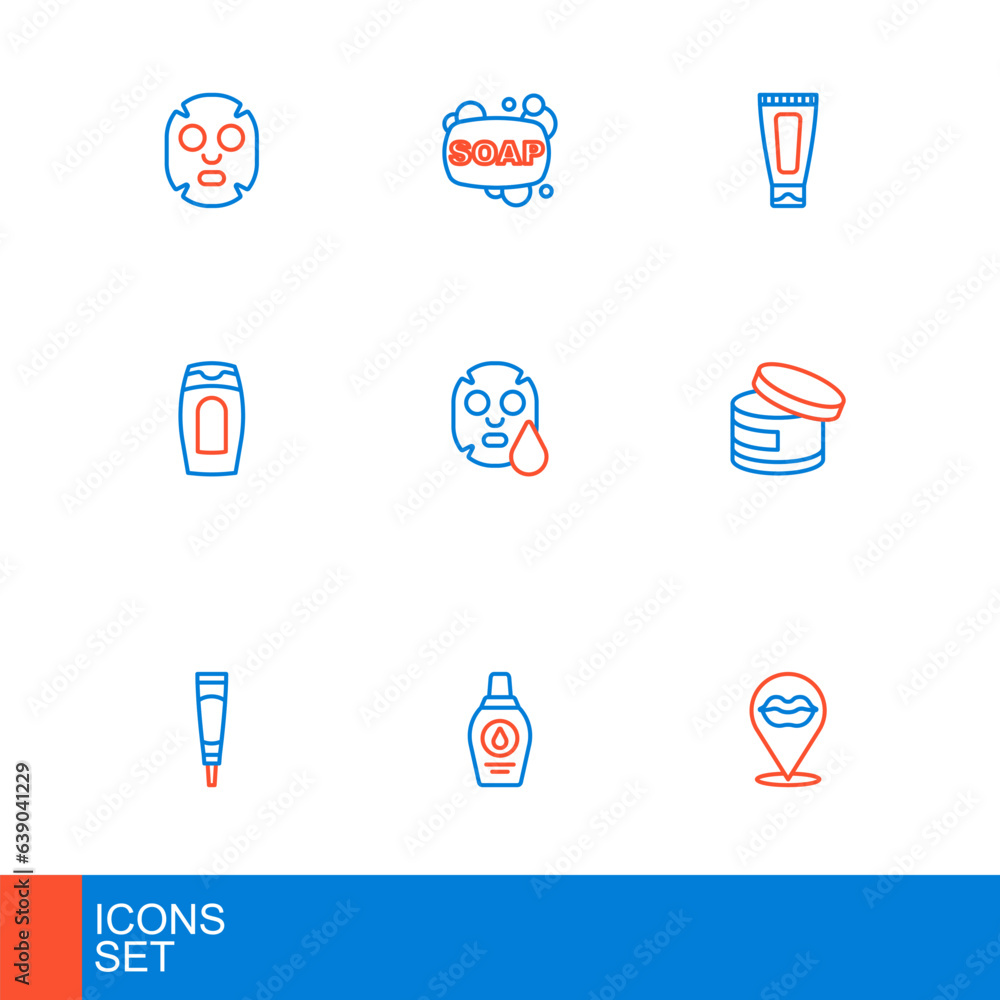 Set line Smiling lips, Bottle of shampoo, Cream or lotion cosmetic tube, Facial mask, and Bar soap icon. Vector