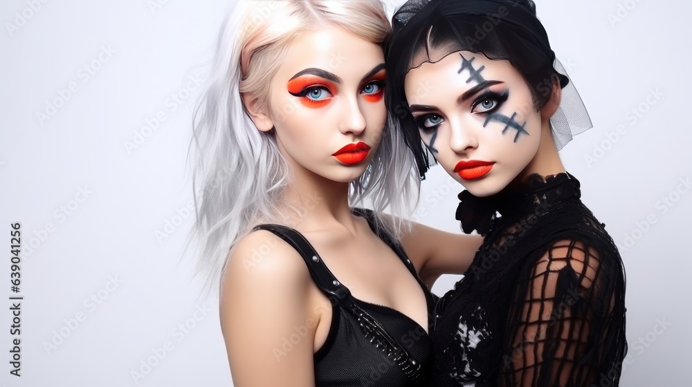 Picture of two emotional young women in halloween costumes on party over white background. Looking camera Picture of two emotional young women in halloween costumes on party over white background. Looking camera