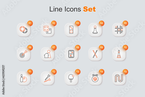 Set line Board game, Game dice, Racket, Dart arrow, Bowling pin and ball, Chess, Crossed billiard cues and Air hockey table icon. Vector