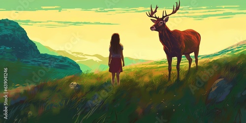 Young girl faced with a red deer on a green hill, digital art style, illustration painting © Coosh448