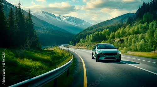  EV (Electric Vehicle) electric car is driving on a winding road that runs through a verdant forest and mountains
