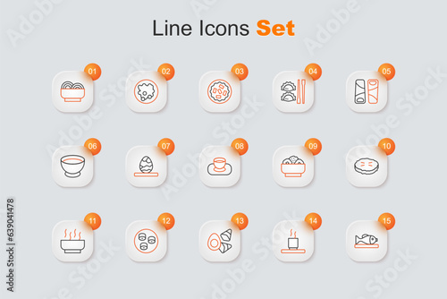 Set line Served fish on a plate, Cup of tea, Chicken egg with vegerables, Sushi, Ramen soup bowl, Homemade pie, Chow mein and Soy sauce icon. Vector